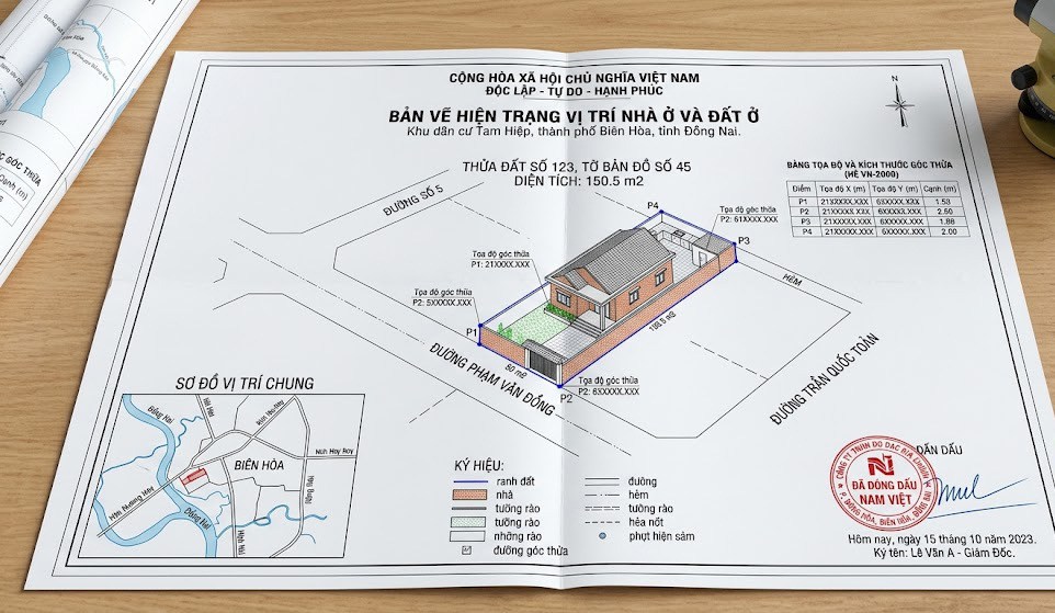 Bản vẽ hiện trạng vị trí nhà ở khu dân cư Tam Hiệp Biên Hòa có đóng dấu của đơn vị đo đạc địa chính, thể hiện tọa độ góc thửa hệ VN-2000