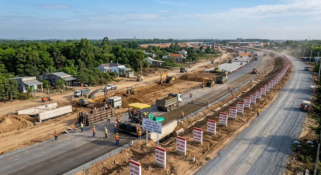 Công trường thi công cao tốc Biên Hòa – Vũng Tàu đoạn qua huyện Long Thành Đồng Nai năm 2026 với mốc giải phóng mặt bằng được cắm dọc tuyến