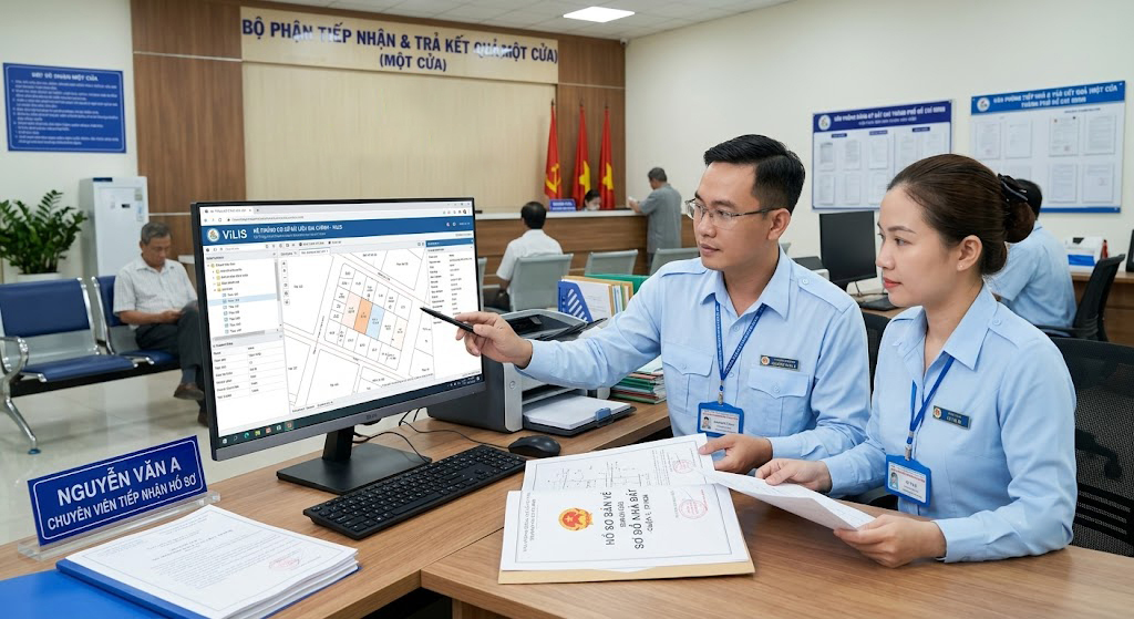 Cán bộ Văn phòng Đăng ký đất đai TP.HCM đang kiểm tra hồ sơ bản vẽ sơ đồ nhà đất trên phần mềm địa chính ViLIS tại bộ phận tiếp nhận một cửa