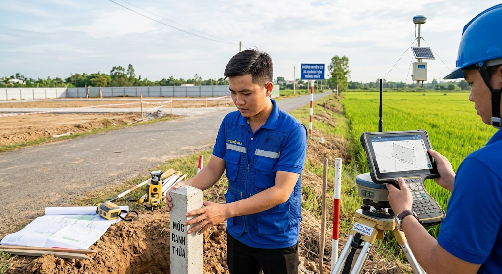 Kỹ sư trắc địa của Đo Đạc Đồng Nai đang dựng cột tiêu mốc ranh giới thửa đất ven đường huyện lộ tại xã Quảng Tiến, huyện Thống Nhất, Đồng Nai, với thiết bị GPS RTK 2 tần số kết nối trạm CORS Đồng Nai phía sau