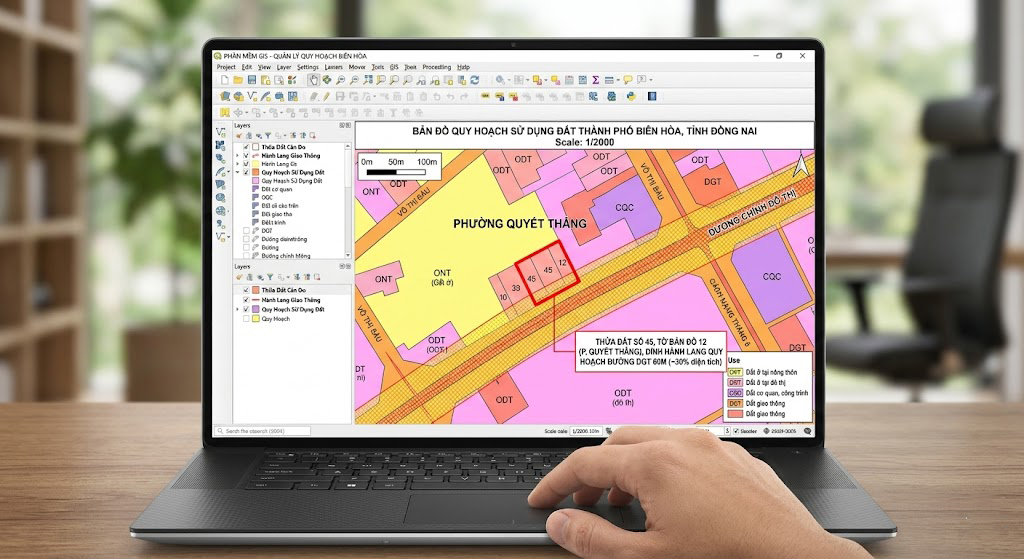 Màn hình máy tính xách tay hiển thị bản đồ quy hoạch sử dụng đất thành phố Biên Hòa tỷ lệ 1/2000 trên phần mềm GIS, với một thửa đất tại phường Quyết Thắng được khoanh đỏ thể hiện phần dính hành lang quy hoạch đường giao thông