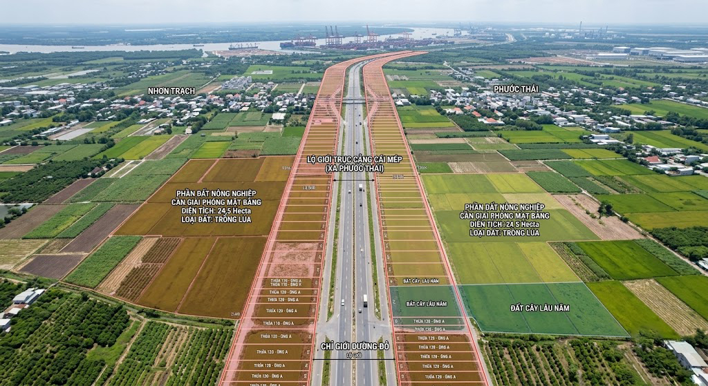 Toàn cảnh tuyến đường trục vào cảng Cái Mép đoạn qua xã Phước Thái huyện Long Thành Đồng Nai nhìn từ trên cao, thể hiện lộ giới hiện trạng và phần đất nông nghiệp hai bên cần giải phóng mặt bằng