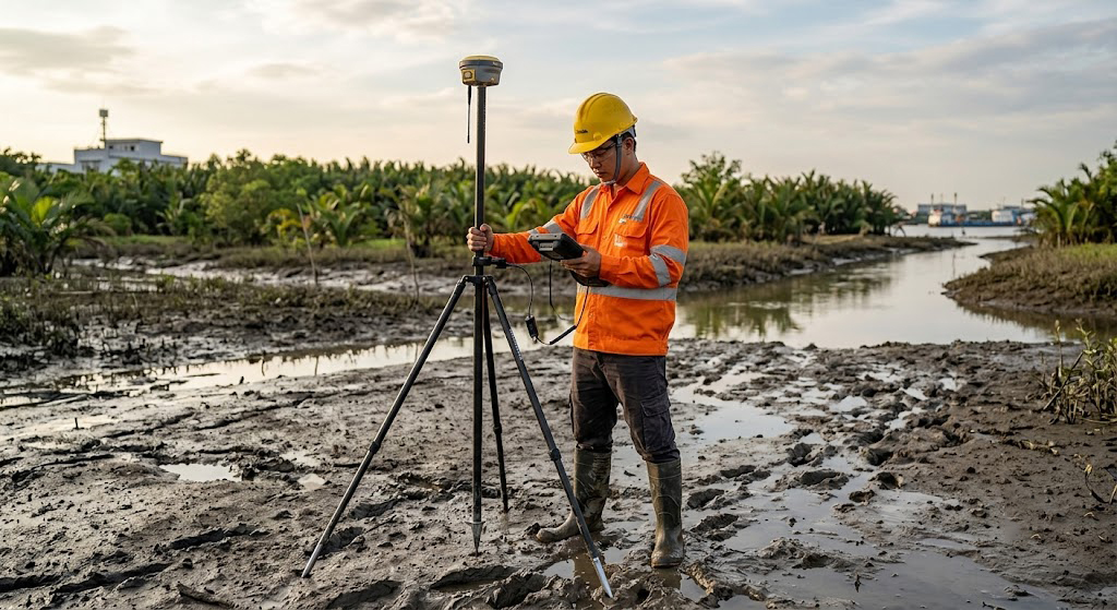 Kỹ sư trắc địa đang sử dụng máy GNSS RTK Trimble kết nối trạm CORS đo điểm địa hình chi tiết tại khu đất sình lầy chuẩn bị san lấp ở Nhà Bè TP.HCM, chân chống máy cắm sâu vào nền đất yếu
