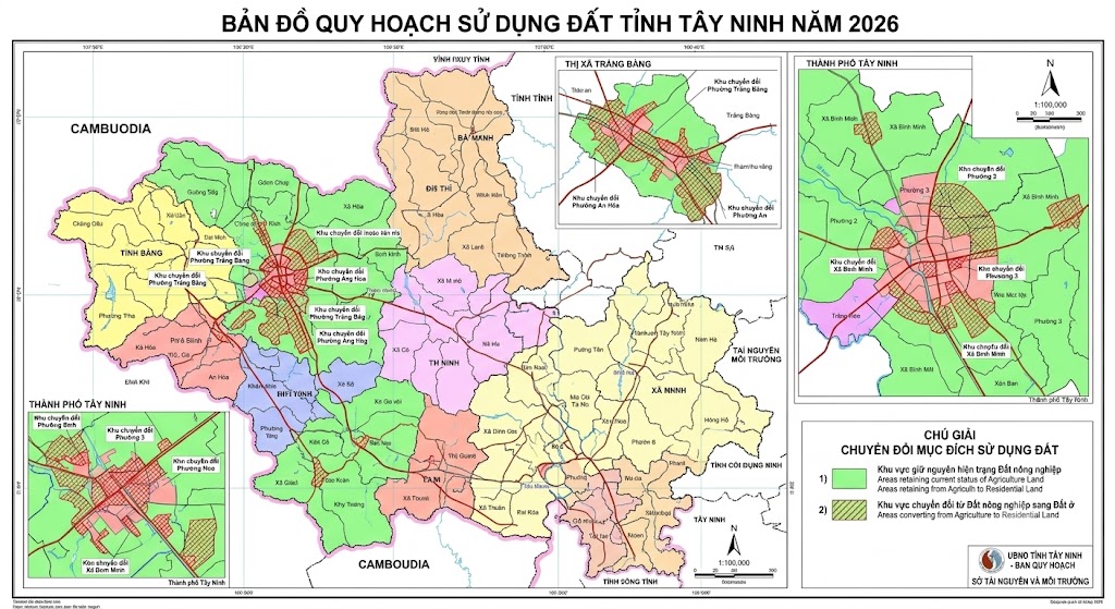 Bản đồ quy hoạch sử dụng đất tỉnh Tây Ninh năm 2026 hiển thị các khu vực chuyển đổi mục đích sử dụng đất từ đất nông nghiệp sang đất ở tại thị xã Trảng Bàng và thành phố Tây Ninh