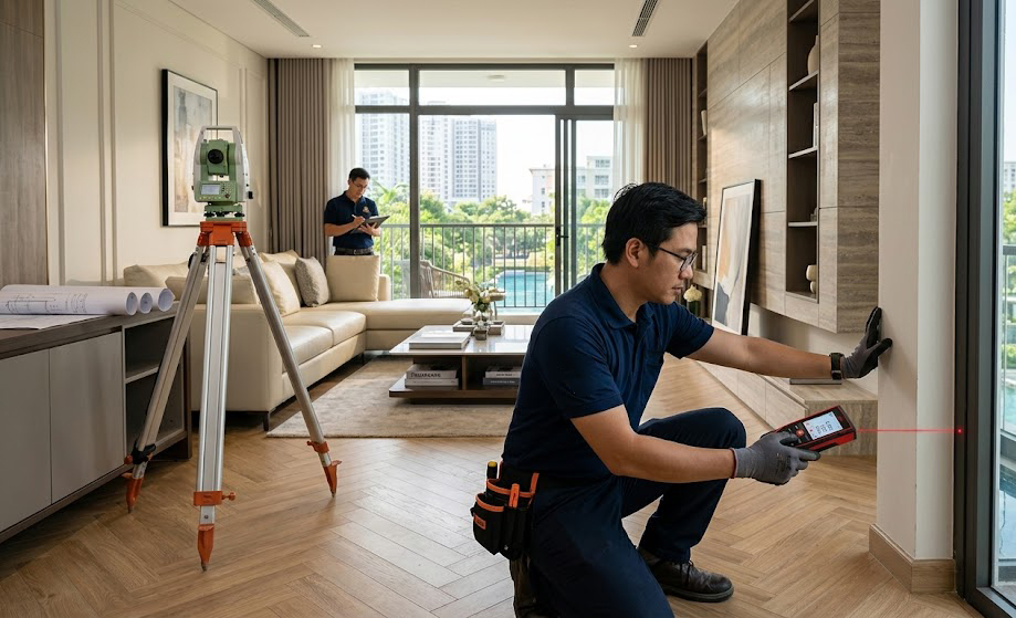 Kỹ sư đo đạc dùng máy đo laser Leica DISTO đo kích thước thông thủy phòng khách nhà phố tại dự án khu Nam Quận 7 TP.HCM, hiển thị rõ số đo trên màn hình máy