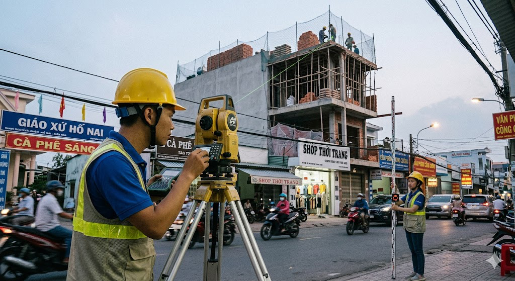 Kỹ sư đo đạc Đo Đạc Đồng Nai đang đo chiều cao tầng và khoảng lùi mặt tiền nhà phố tại tuyến đường Nguyễn Ái Quốc khu vực Hố Nai bằng máy toàn đạc điện tử Topcon, thực tế công trình đang cải tạo nâng tầng