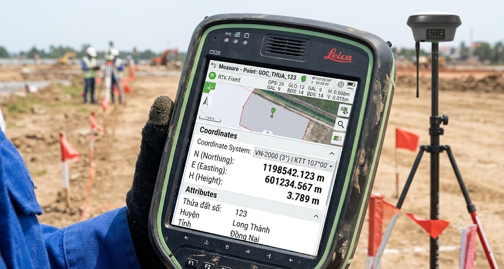Màn hình controller của máy thu GNSS RTK Leica GS18 hiển thị tọa độ điểm góc thửa đất trong hệ VN-2000 múi chiếu 3 độ tại công trình đo đạc địa chính ở huyện Long Thành, Đồng Nai