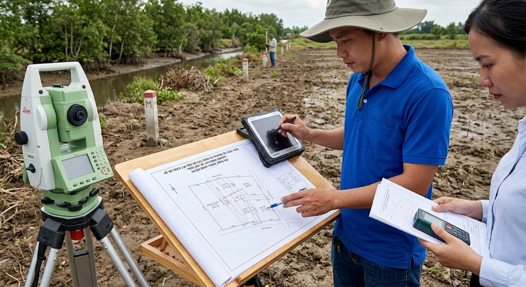 Hồ sơ tách thửa đất nông nghiệp ven rạch tại huyện Nhơn Trạch Đồng Nai đang được kỹ sư địa chính kiểm tra đối chiếu bản đồ trích lục với thực địa