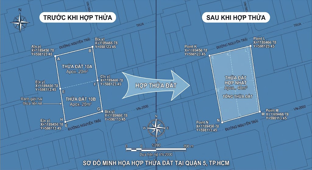 Sơ đồ minh họa thể hiện hai thửa đất nhỏ liền kề trước khi hợp thửa và một thửa đất lớn sau khi hợp thửa, có đánh dấu tọa độ các điểm góc thửa bằng hệ VN-2000, được vẽ trên nền bản đồ địa chính khu vực Quận 5 TP.HCM