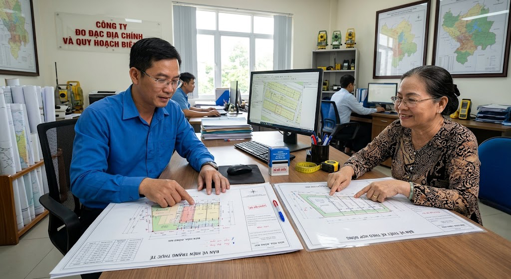 Kỹ sư trắc địa và chủ nhà đang ngồi đối chiếu bản vẽ hiện trạng thực tế căn nhà liền kề vừa đo so với bản vẽ thiết kế hợp đồng trong văn phòng tại Biên Hòa Đồng Nai
