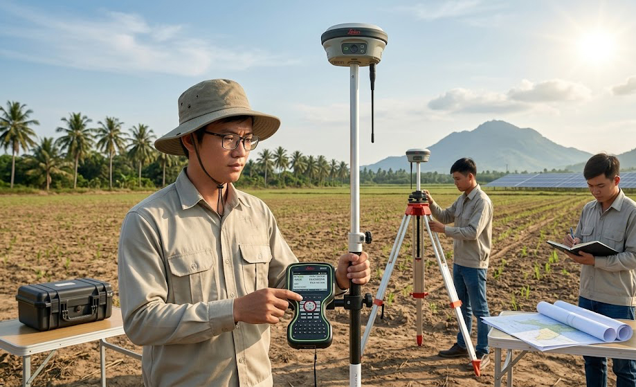 Đội kỹ sư Đo Đạc Tây Ninh thực hiện đo đạc bằng máy GNSS RTK hai tần số Leica GS18 kết nối trạm CORS tại khu vực đất sào huyện Dương Minh Châu Tây Ninh