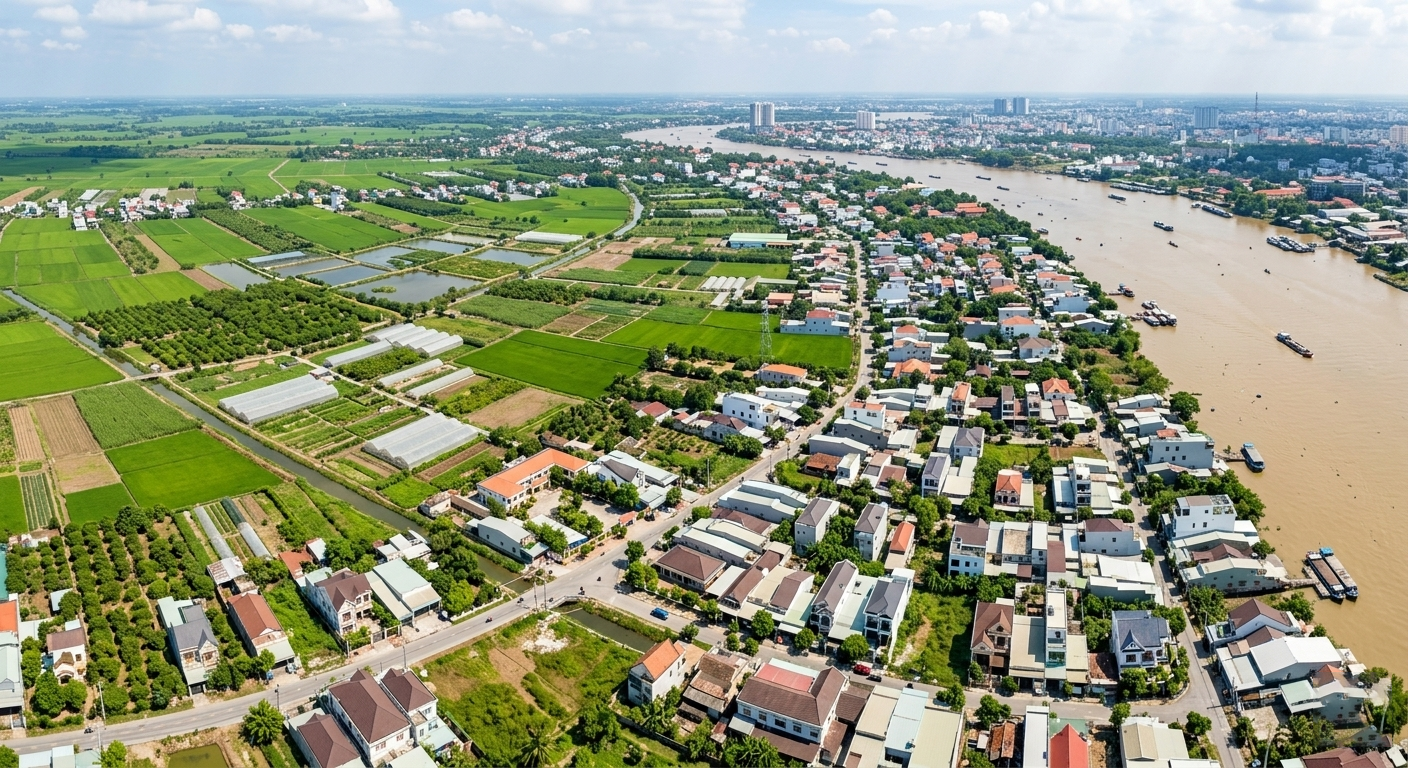 Toàn cảnh vùng ven phường Tân Hạnh nhìn từ flycam, thấy rõ các khu đất nông nghiệp xen lẫn nhà ở dân cư ven sông Đồng Nai đoạn qua Biên Hòa năm 2026