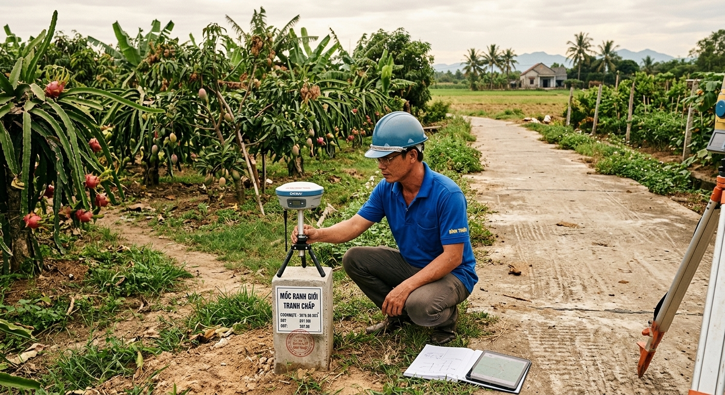 Kỹ sư trắc địa của Đo Đạc Bình Thuận đang đặt máy GPS RTK hai tần số tại mốc ranh giới tranh chấp giữa hai thửa đất, nền cảnh là vườn cây ăn trái và đường bê tông nông thôn