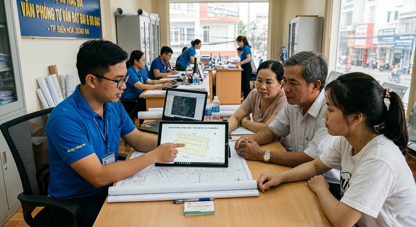 Kỹ sư trắc địa Đo Đạc Đồng Nai đang trình bày bản vẽ phân lô tách thửa trên máy tính bảng cho gia đình chủ đất tại văn phòng tư vấn ở Biên Hòa, Đồng Nai