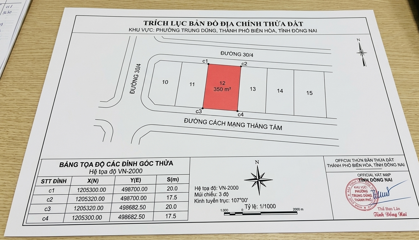 Bản đồ trích lục địa chính thửa đất khu vực phường Trung Dũng in trên khổ A3, thể hiện đường ranh giới, số thửa, diện tích và tọa độ các đỉnh góc thửa theo hệ VN-2000