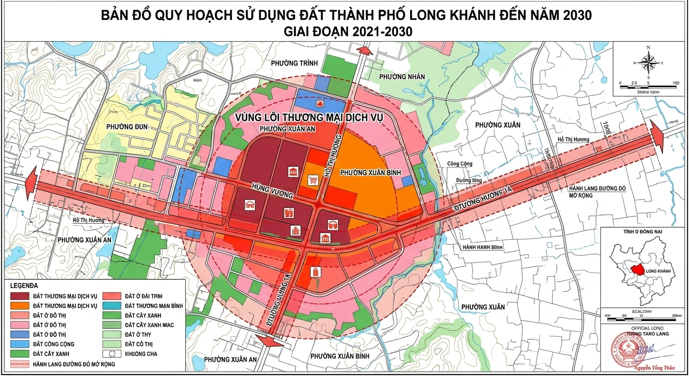 Bản đồ quy hoạch sử dụng đất thành phố Long Khánh giai đoạn 2021-2030, thể hiện vùng lõi thương mại dịch vụ tại các phường Xuân An, Xuân Bình và hành lang đường đỏ mở rộng