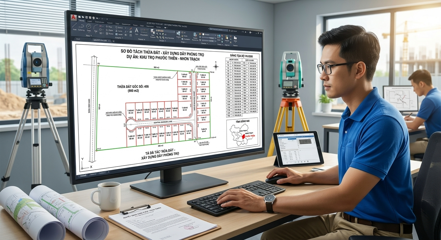 Hồ sơ sơ đồ tách thửa đất xây dãy phòng trọ tại Phước Thiền Nhơn Trạch được kỹ sư lập trên phần mềm AutoCAD với tọa độ hệ VN-2000
