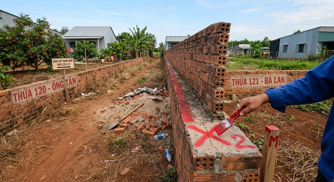 Hai thửa đất liền kề tại Long Thành Đồng Nai có tường rào xây lấn sang nhau được đánh dấu bằng sơn đỏ tại điểm tranh chấp ranh giới thực địa