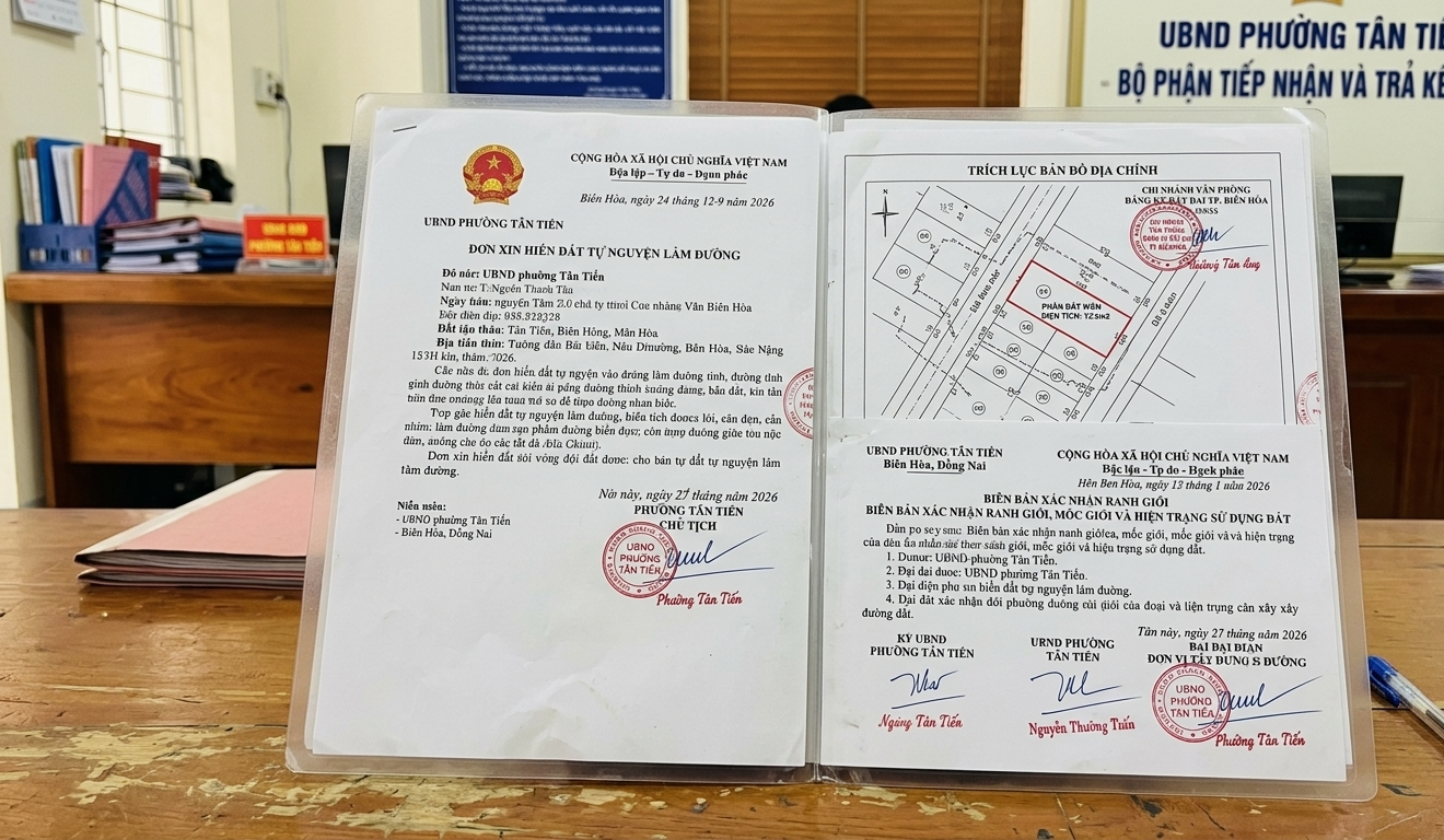 Bộ hồ sơ pháp lý thủ tục hiến đất tự nguyện làm đường tại UBND phường Tân Tiến, thành phố Biên Hòa, Đồng Nai gồm đơn xin hiến đất, trích lục bản đồ địa chính và biên bản xác nhận ranh giới