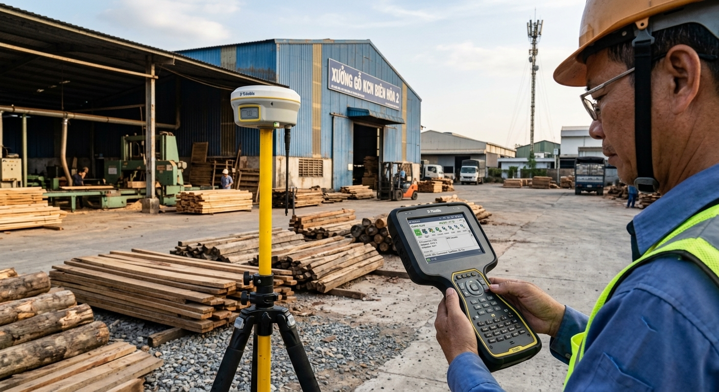 Thiết bị GPS RTK 2 tần số Trimble R10 đang thu tín hiệu vệ tinh GNSS liên kết trạm CORS VDC tại mặt bằng nhà xưởng gỗ khu công nghiệp Biên Hòa 2, Đồng Nai