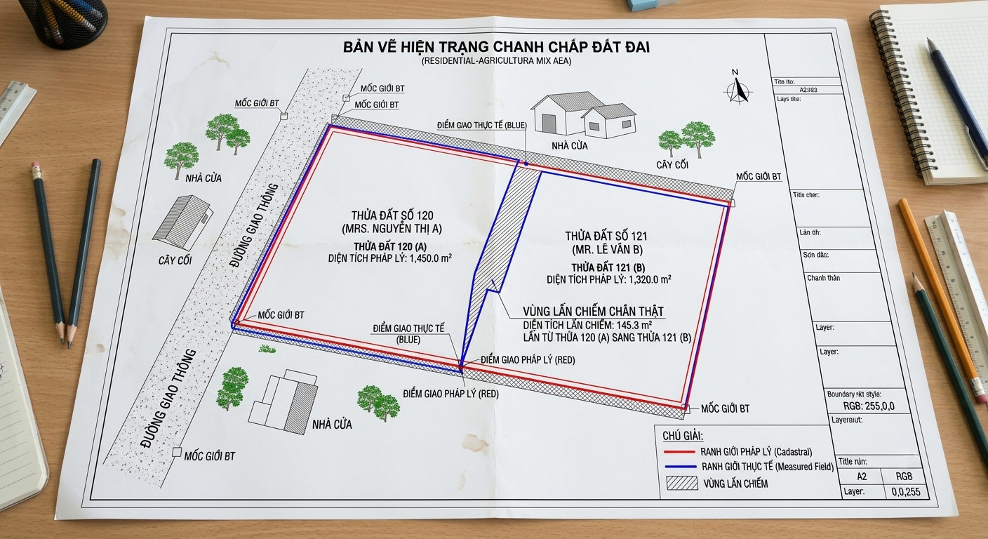Bản vẽ hiện trạng AutoCAD thể hiện ranh giới pháp lý màu đỏ và ranh giới thực tế màu xanh của hai thửa đất tranh chấp có ghi chú diện tích lấn chiếm