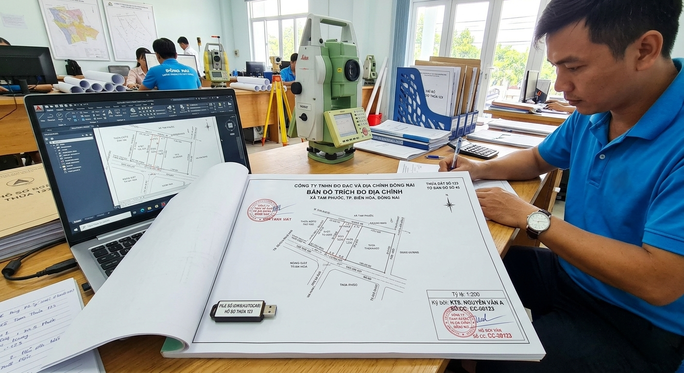 Hồ sơ đo đạc địa chính hoàn chỉnh gồm bản đồ trích đo khổ A3 tỷ lệ 1:200 và file số DWG AutoCAD được kỹ sư trắc địa ký xác nhận tại văn phòng đo đạc Đồng Nai