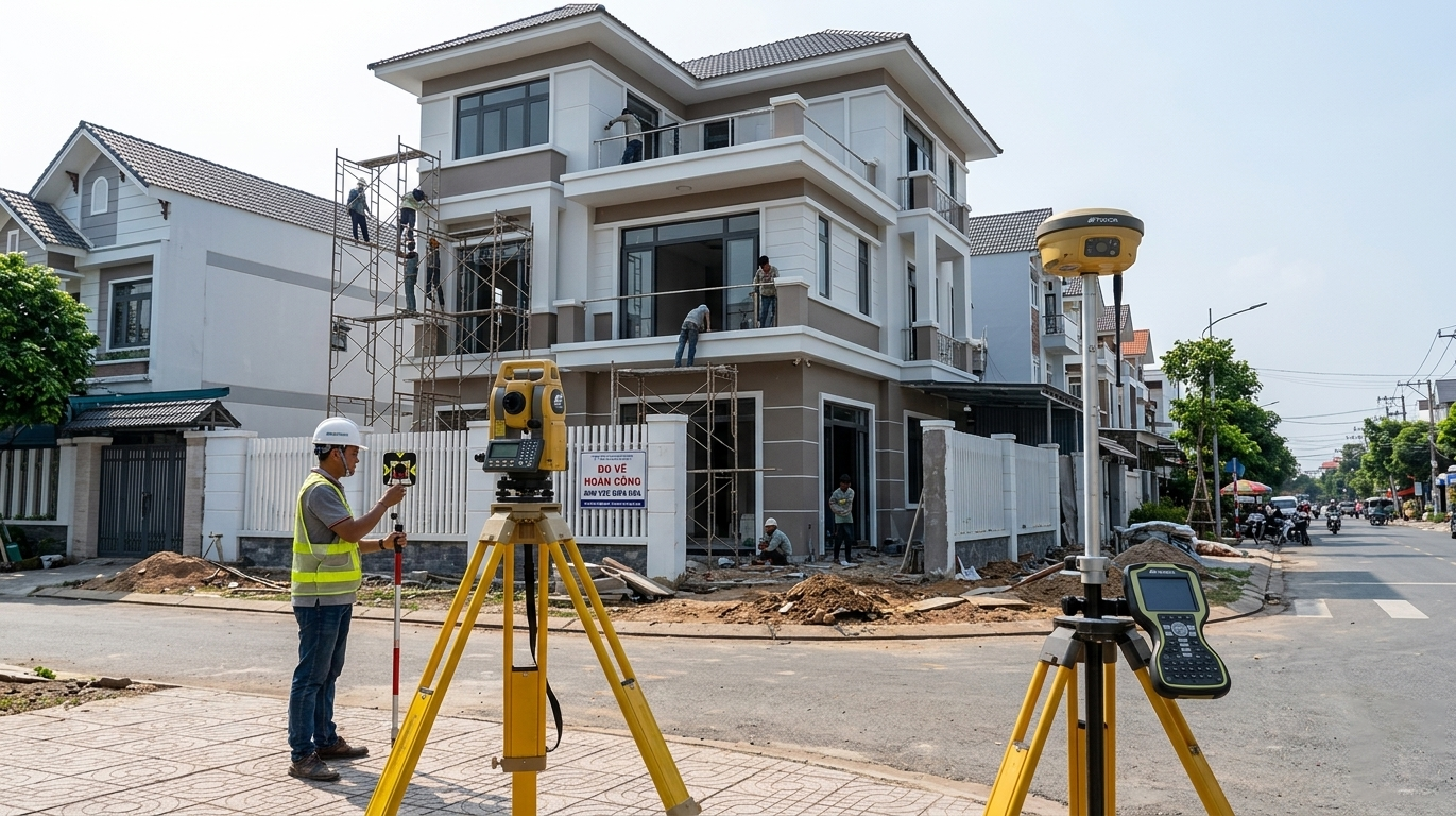 Bộ thiết bị đo đạc chuyên nghiệp gồm máy toàn đạc điện tử Topcon và máy thu GNSS RTK đặt trên chân máy chuẩn bị đo vẽ tại công trình nhà ở đang hoàn công tại khu vực Biên Hòa Đồng Nai
