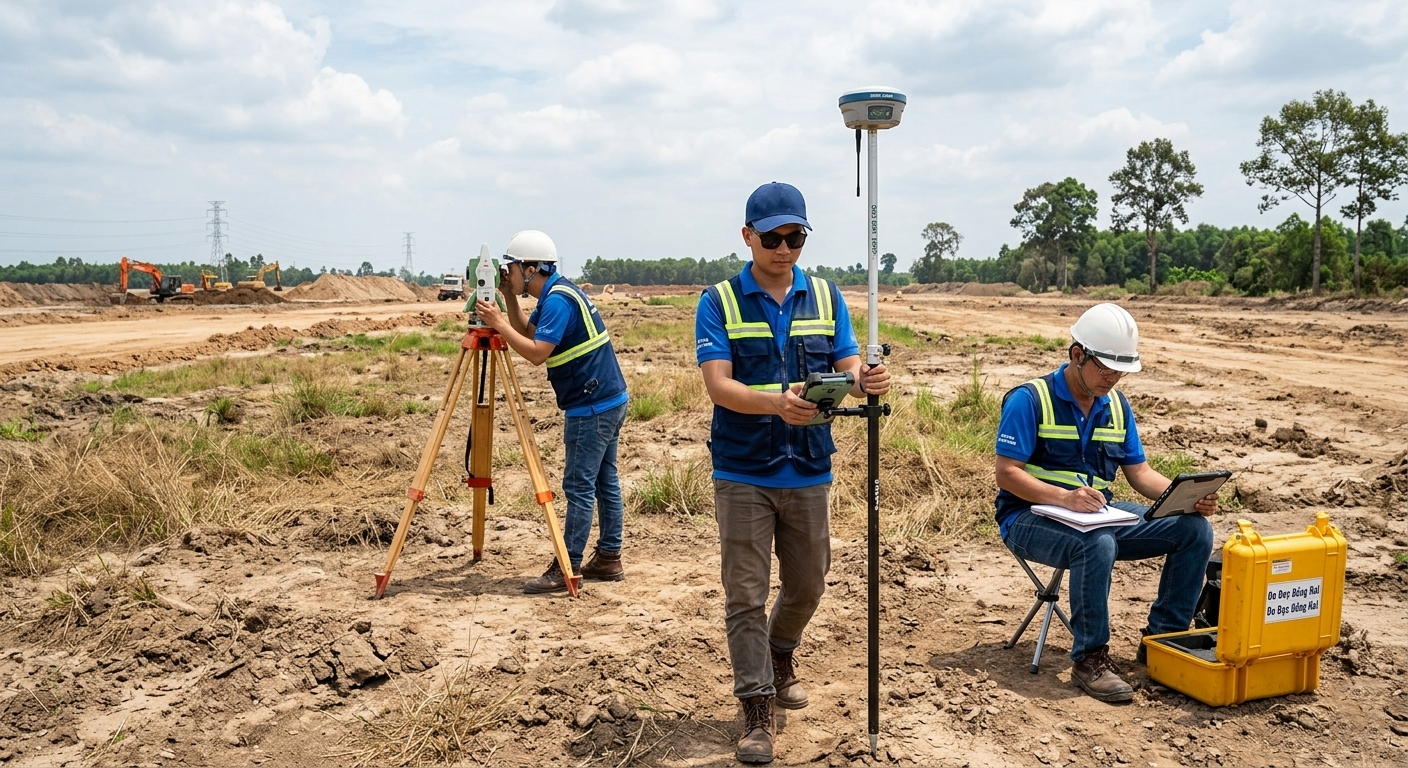 Kỹ sư trắc địa Đo Đạc Đồng Nai đang thao tác máy thu GNSS RTK hai tần số tại thực địa thửa đất khu vực xã Phú Đông, huyện Nhơn Trạch, tỉnh Đồng Nai
