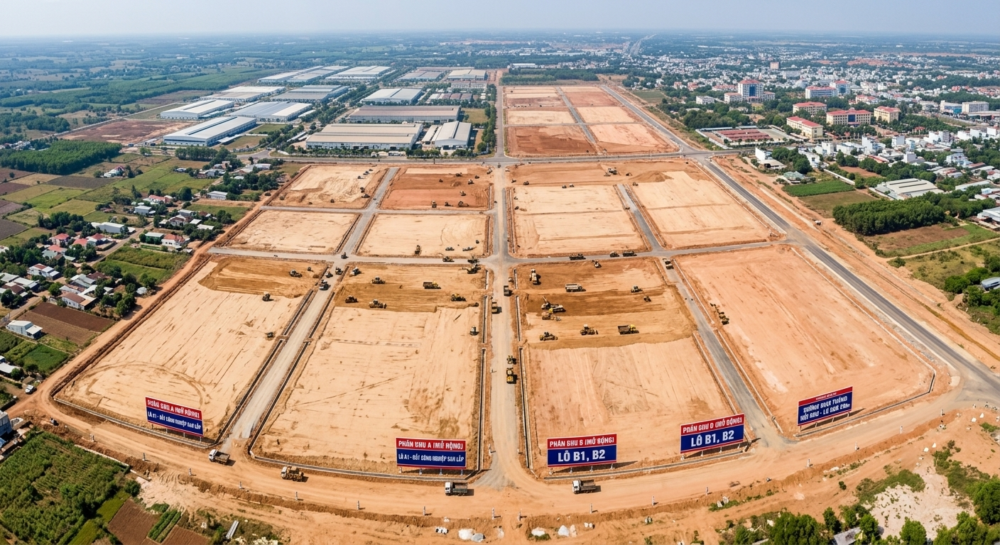 Toàn cảnh khu vực Khu công nghiệp Suối Tre mở rộng tại thị xã Long Khánh, Đồng Nai nhìn từ trên cao, thể hiện rõ các lô đất công nghiệp đang san lấp và ranh mốc phân khu