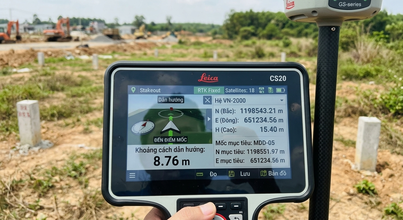Màn hình bộ điều khiển GPS RTK Leica CS20 hiển thị tọa độ VN-2000 và khoảng cách dẫn hướng đến điểm mốc thửa đất tại công trình đo đạc ở Đồng Nai