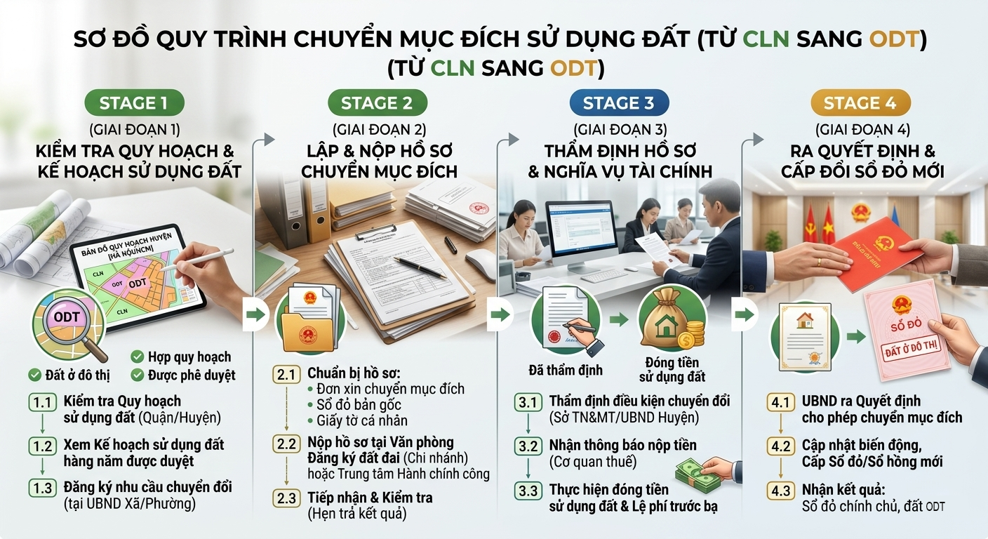 Sơ đồ quy trình chuyển mục đích sử dụng đất từ CLN sang ODT được thiết kế dạng infographic tại văn phòng Đo Đạc Đồng Nai, gồm 4 giai đoạn từ kiểm tra quy hoạch đến nhận sổ đỏ mới