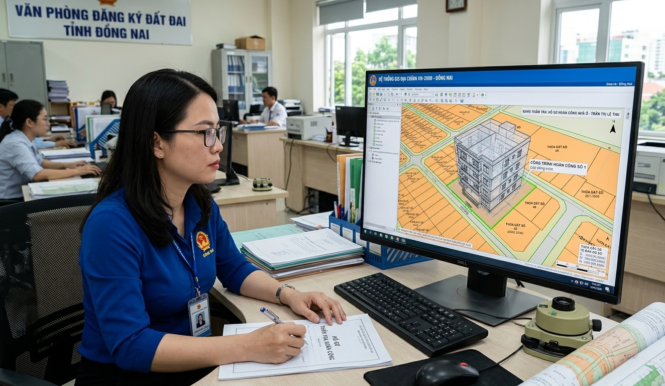 Nhân viên Văn phòng Đăng ký Đất đai tỉnh Đồng Nai đang thẩm tra hồ sơ hoàn công nhà ở trên hệ thống phần mềm GIS, màn hình hiển thị bản đồ địa chính VN-2000 với lớp dữ liệu công trình được chồng lên nền thửa đất