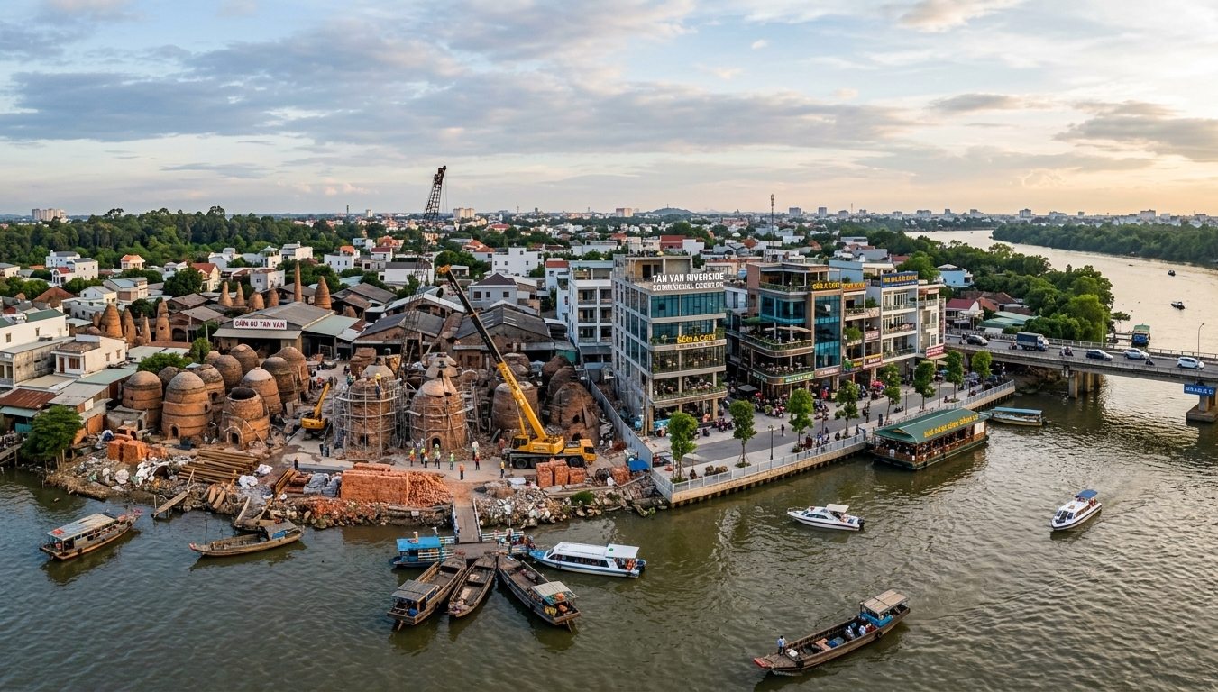 Toàn cảnh làng gốm Tân Vạn nhìn từ bờ sông Đồng Nai năm 2026, các lò gốm cũ đang được tháo dỡ chuyển đổi mô hình thương mại dịch vụ