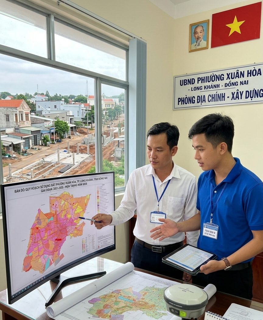 Cán bộ địa chính và kỹ sư trắc địa đang đối chiếu bản đồ quy hoạch sử dụng đất phường Xuân Hòa Long Khánh Đồng Nai trên màn hình máy tính tại trụ sở UBND phường năm 2026