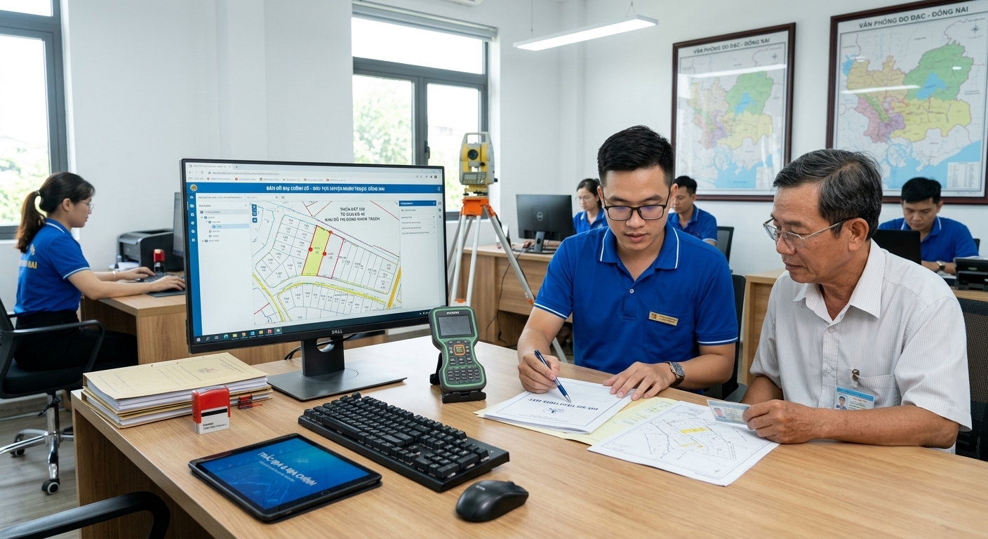 Nhân viên văn phòng Đo Đạc Đồng Nai đang hướng dẫn chủ đất kiểm tra hồ sơ tách thửa đất tại khu vực huyện Nhơn Trạch, bản đồ địa chính số hiển thị trên màn hình máy tính