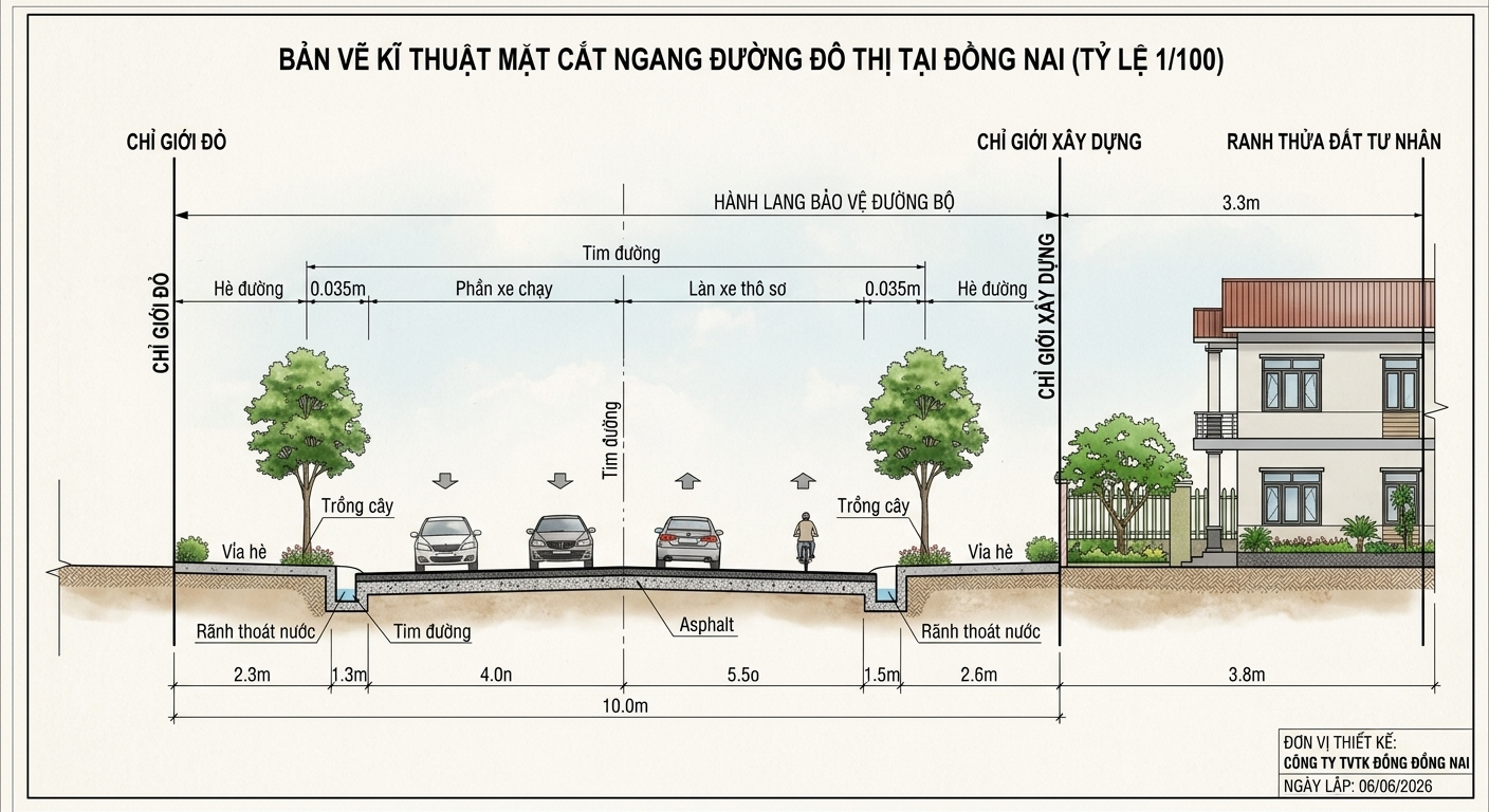 Bản vẽ kỹ thuật mặt cắt ngang đường đô thị tại Đồng Nai thể hiện rõ chỉ giới đỏ, chỉ giới xây dựng, hành lang bảo vệ đường bộ và ranh thửa đất tư nhân