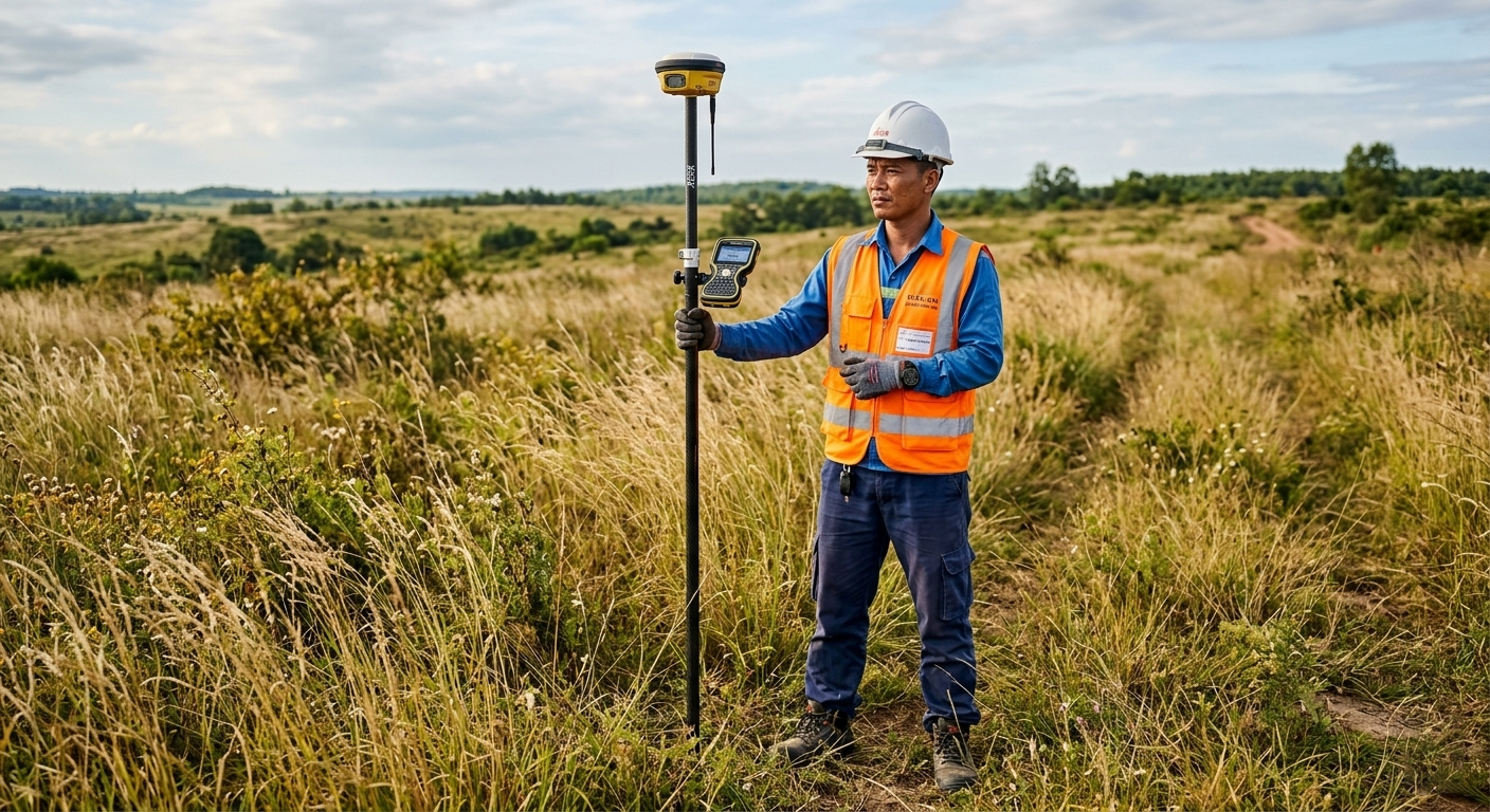 Kỹ sư trắc địa sử dụng máy GPS RTK cầm tay đang định vị cọc mốc ranh thửa đất nền dự án bị cỏ dại che phủ tại khu vực xã Tam Phước, thành phố Biên Hòa, Đồng Nai