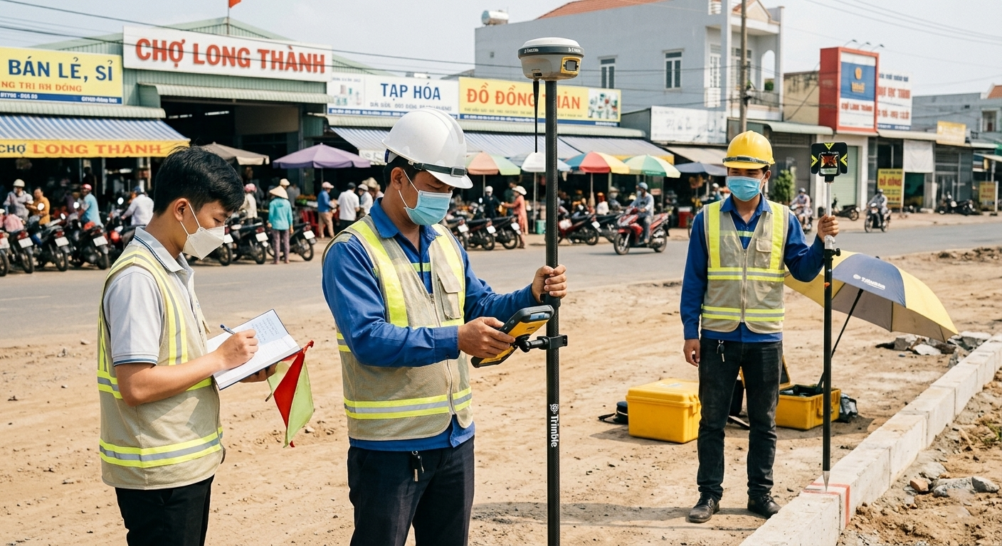 Đội kỹ sư Đo Đạc Đồng Nai gồm 3 người đang thực hiện đo đạc địa chính tại một khu đất thương mại mặt tiền chợ tại huyện Long Thành, Đồng Nai, với máy GNSS RTK và sào tiêu phản
