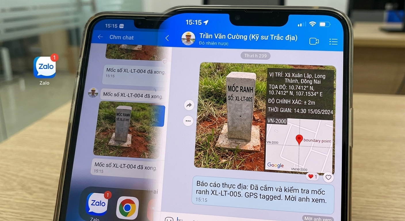 Màn hình điện thoại smartphone hiển thị ứng dụng Zalo nhận ảnh GPS-tagged chụp tại mốc ranh thửa đất ở xã Xuân Lập Long Thành Đồng Nai do kỹ sư trắc địa gửi báo cáo thực địa từ xa