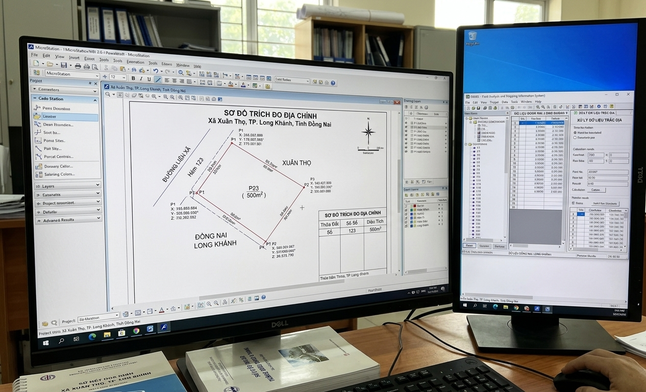 Màn hình máy tính hiển thị phần mềm MicroStation và Famis đang xử lý dữ liệu trắc địa để lập bản vẽ trích đo địa chính cho thửa đất tại Long Khánh Đồng Nai