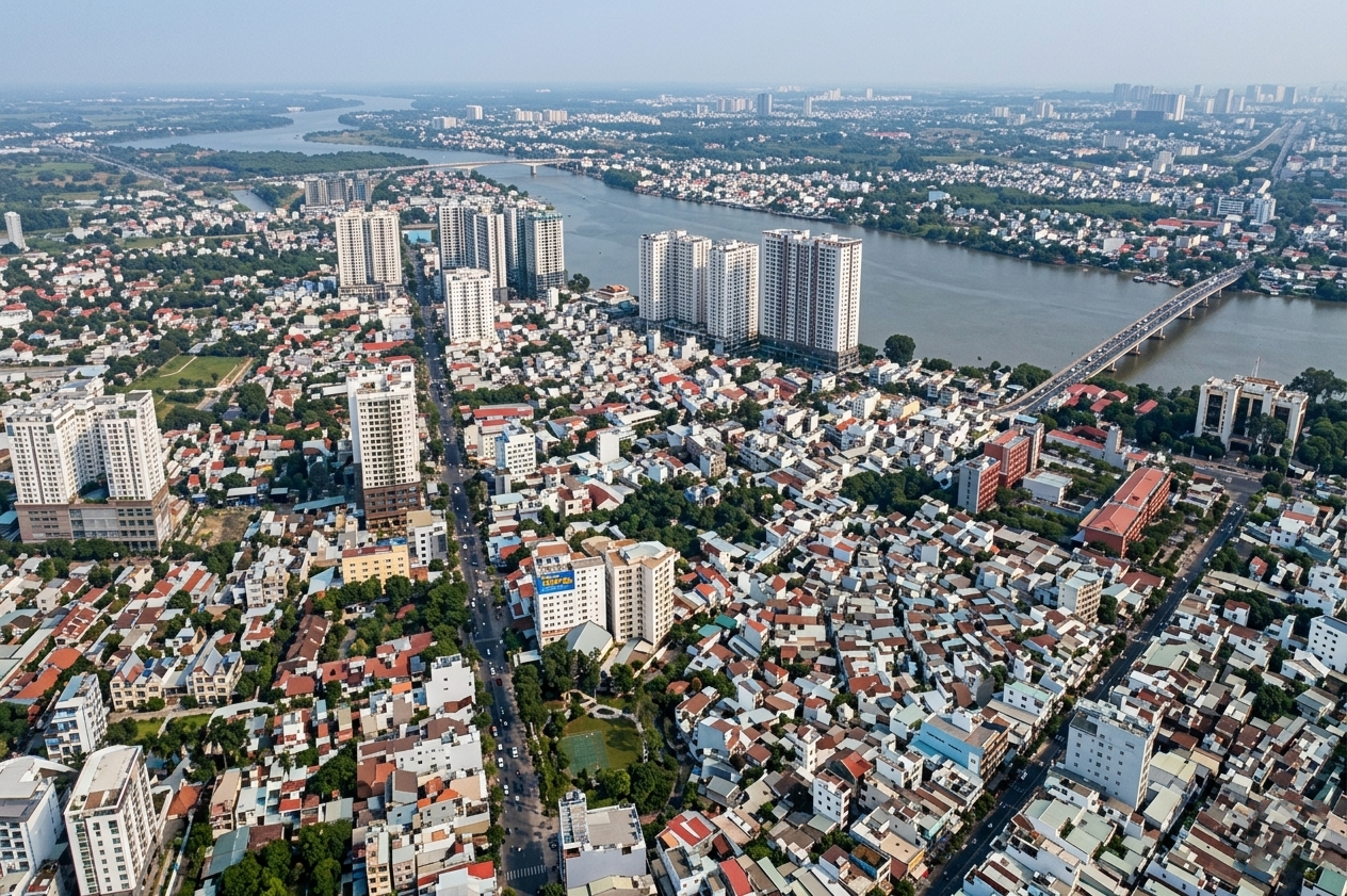 Toàn cảnh khu đô thị phường Thanh Bình Biên Hòa Đồng Nai nhìn từ trên cao, mật độ nhà ở cao tầng liền kề dày đặc, chụp năm 2025-2026