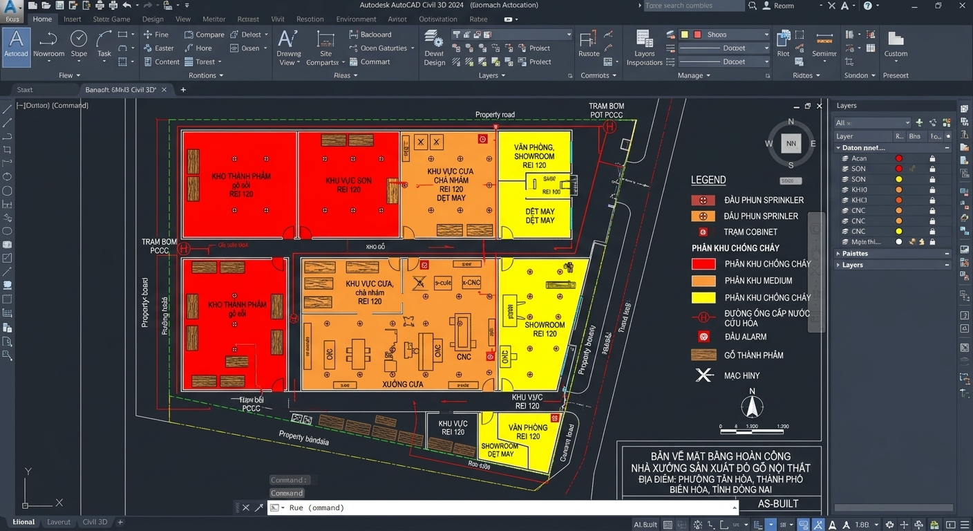 Bản vẽ mặt bằng hoàn công nhà xưởng gỗ trên phần mềm AutoCAD Civil 3D, thể hiện phân khu chống cháy và vị trí đầu phun sprinkler tại một cơ sở sản xuất đồ gỗ nội thất ở phường Tân Hòa, thành phố Biên Hòa, Đồng Nai