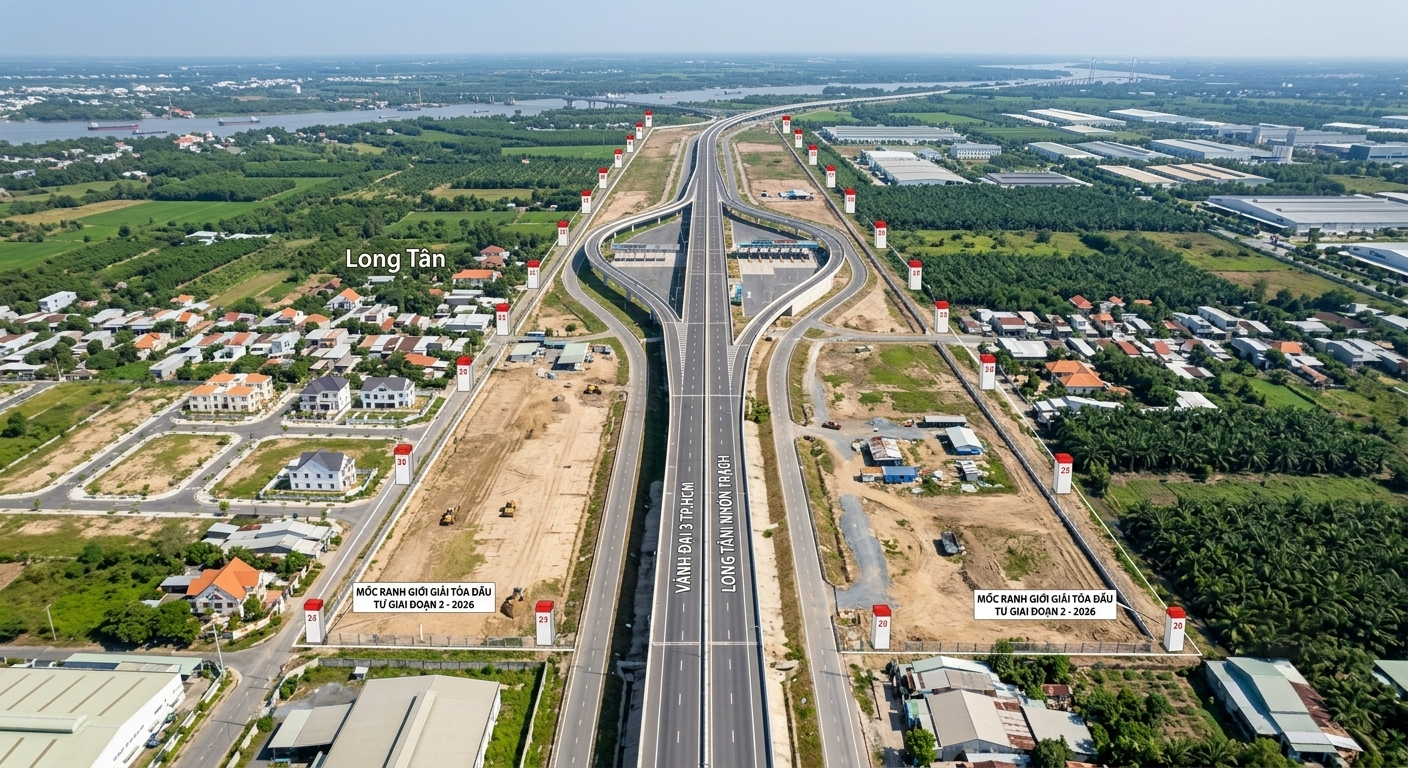 Toàn cảnh tuyến đường Vành Đai 3 TP.HCM đoạn đi qua xã Long Tân, huyện Nhơn Trạch, Đồng Nai nhìn từ trên cao, thể hiện hành lang giải tỏa đã được cắm mốc ranh giới năm 2026