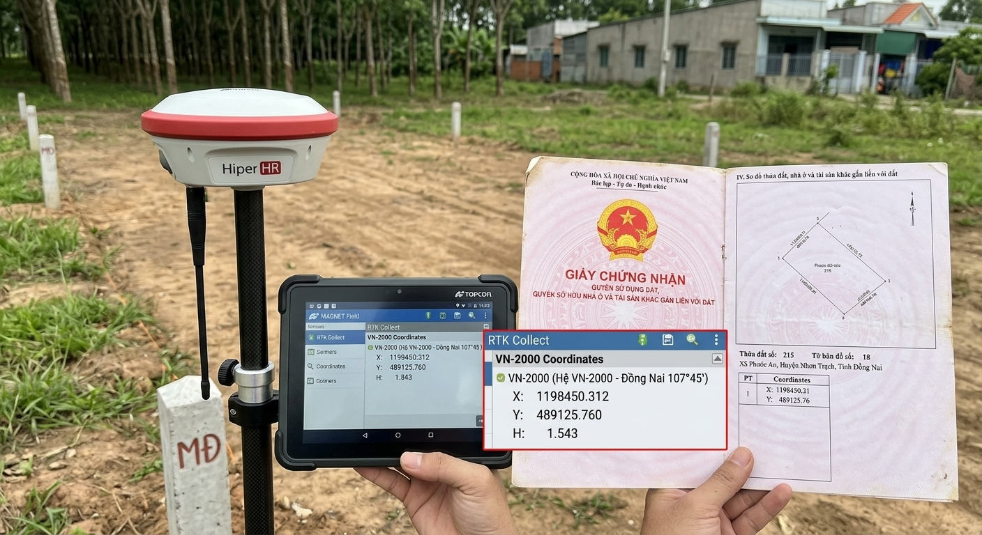 Màn hình điều khiển thiết bị thu GNSS RTK Topcon Hiper HR hiển thị tọa độ điểm góc thửa đất hệ VN-2000 so sánh với tọa độ trên sổ hồng tại thực địa huyện Nhơn Trạch Đồng Nai