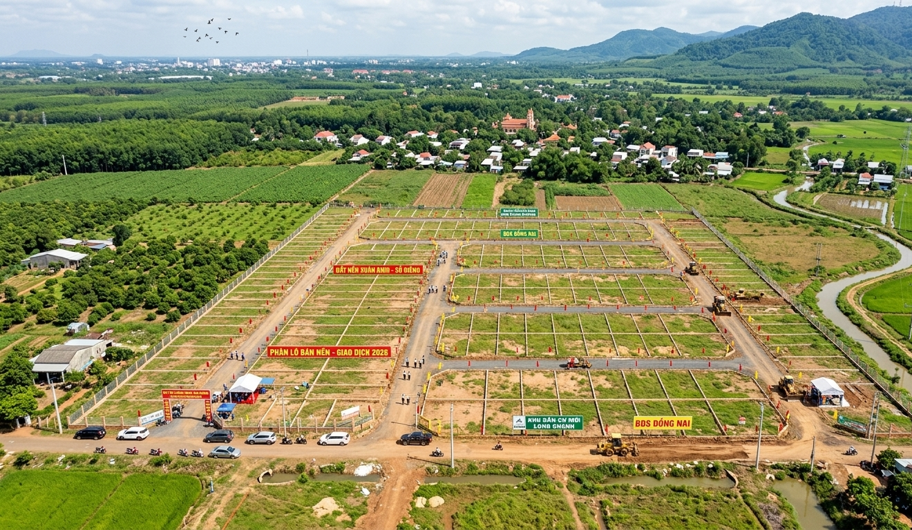 Toàn cảnh khu vực đất nền nông nghiệp tại xã Xuân Bình, huyện Long Khánh, Đồng Nai với các thửa đất đang được phân lô giao dịch năm 2026, chụp từ góc cao drone