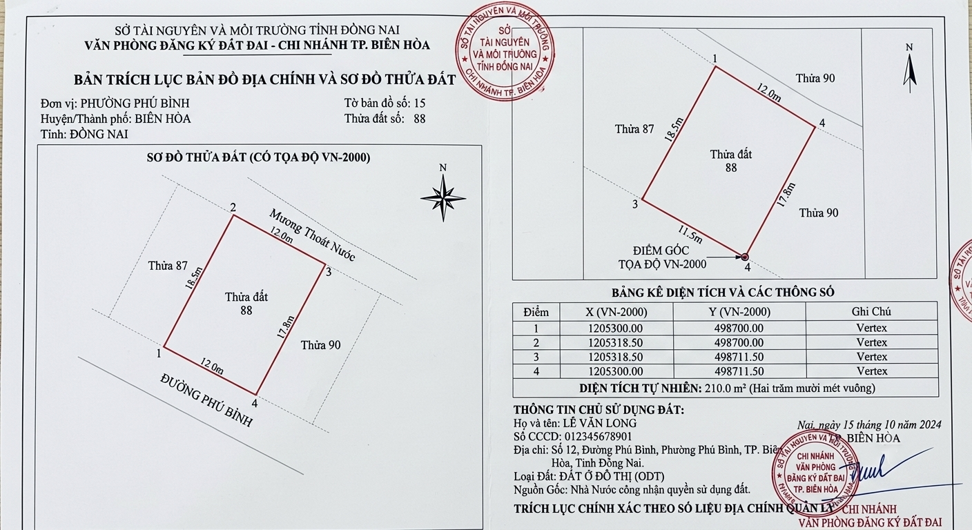 Bản trích lục bản đồ địa chính thửa đất tại Phường Phú Bình Biên Hòa Đồng Nai, thể hiện rõ tọa độ VN-2000, hình dạng thửa, diện tích và thông tin chủ sử dụng đất