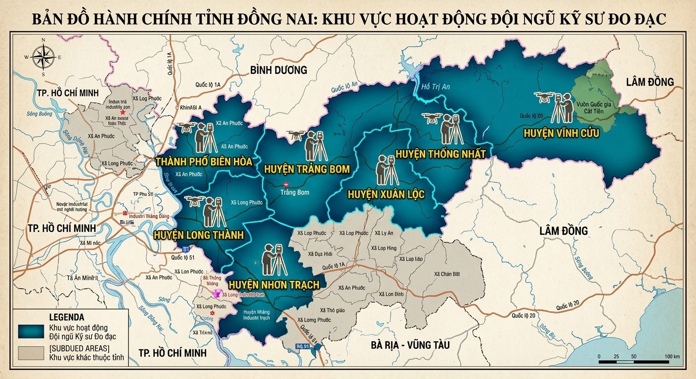 Bản đồ hành chính tỉnh Đồng Nai thể hiện các khu vực hoạt động của đội ngũ kỹ sư đo đạc: Biên Hòa, Long Thành, Nhơn Trạch, Trảng Bom, Xuân Lộc, Thống Nhất, Vĩnh Cửu được đánh dấu nổi bật