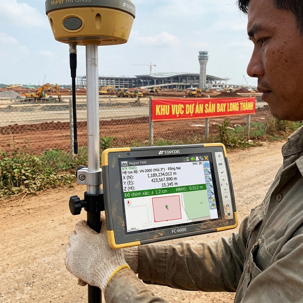 Màn hình máy thu GNSS RTK Topcon HiPer HR hiển thị tọa độ VN-2000 với độ chính xác ±1.2cm khi đang đo tại thửa đất tiếp giáp hành lang sân bay Long Thành, Đồng Nai
