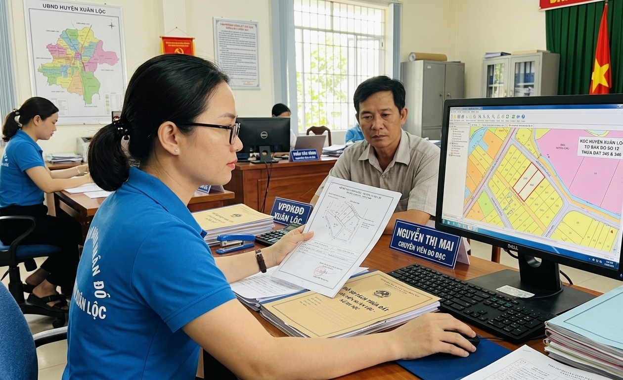 Hồ sơ tách thửa đất tại huyện Xuân Lộc Đồng Nai được cán bộ văn phòng đăng ký đất đai kiểm tra đối chiếu bản đồ địa chính số trên màn hình máy tính