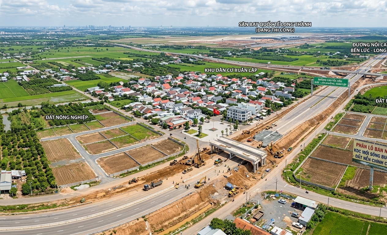Toàn cảnh khu vực xã Xuân Lập huyện Long Thành nhìn từ trên cao năm 2026 với các tuyến đường hạ tầng đang thi công bên cạnh khu dân cư và đất nông nghiệp đang phân lô